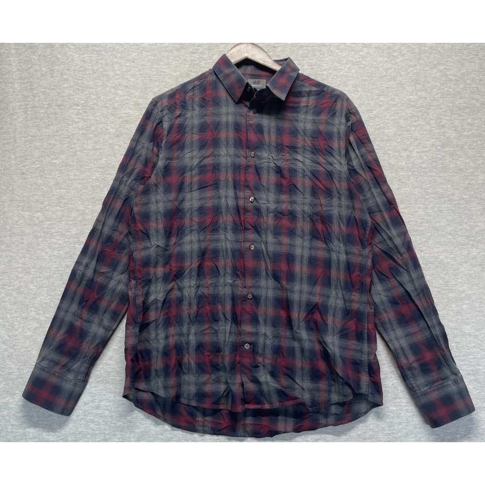 H&M Premium Cotton Shirt Mens Large Multicolor Plaid Collared Button Up Casual